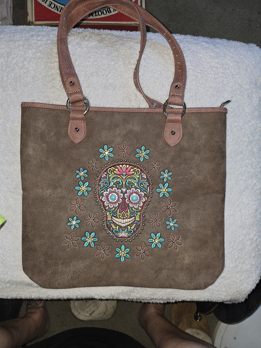 Montana West Brown Floral Sugar Skull Tote with Teal Accents Concealed Carry